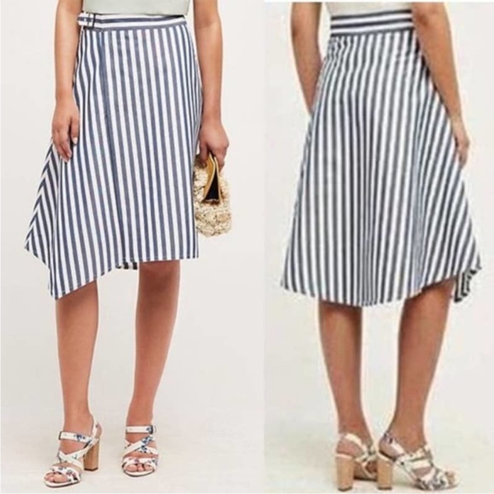 Maeve Anthropologie Pinstripe Midi Skirt Asymmetrical Belted Sz 4